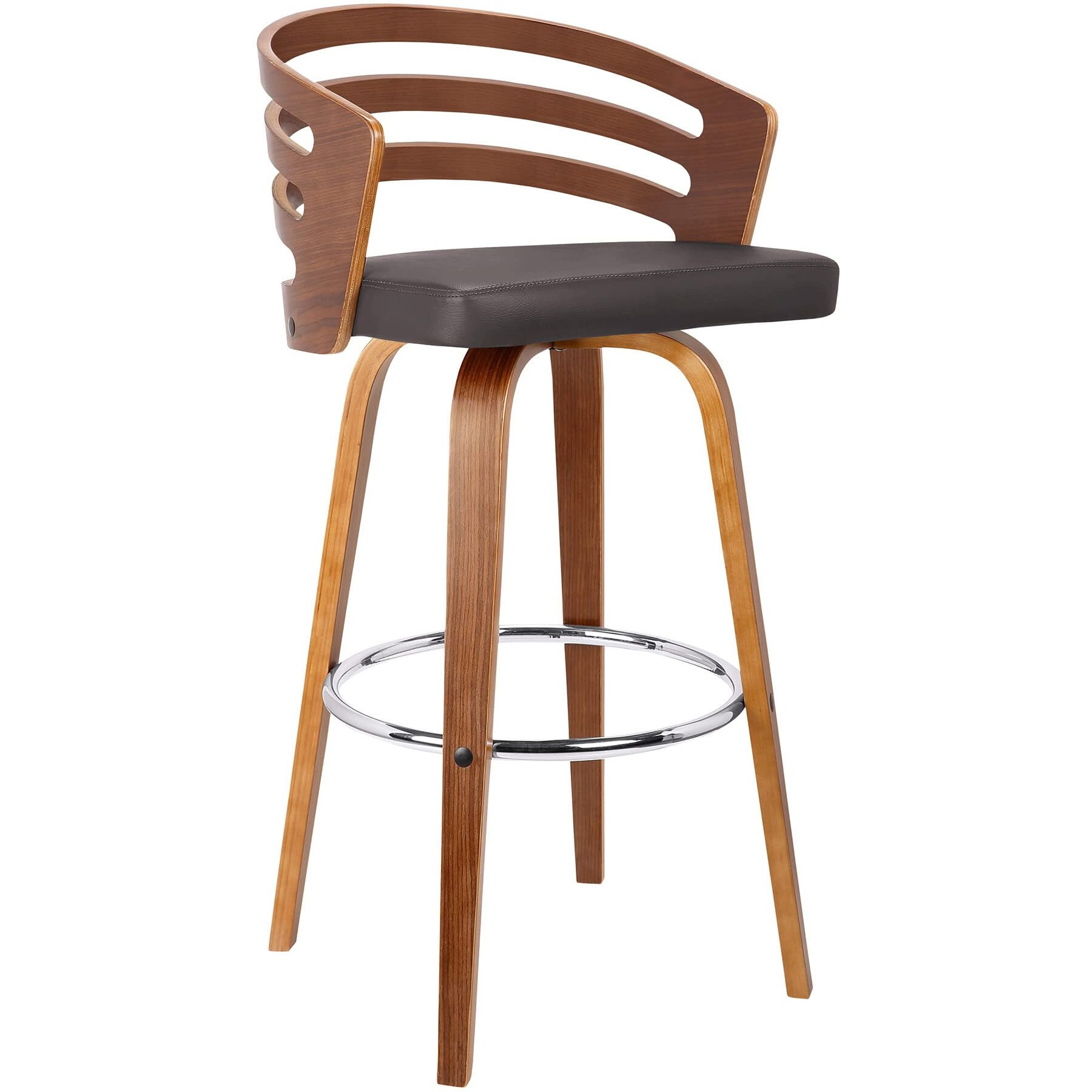 HomeRoots Poplar, Faux Leather, Chrome Metal 30 Brown Modern Faux Leather Swivel Bar Stool