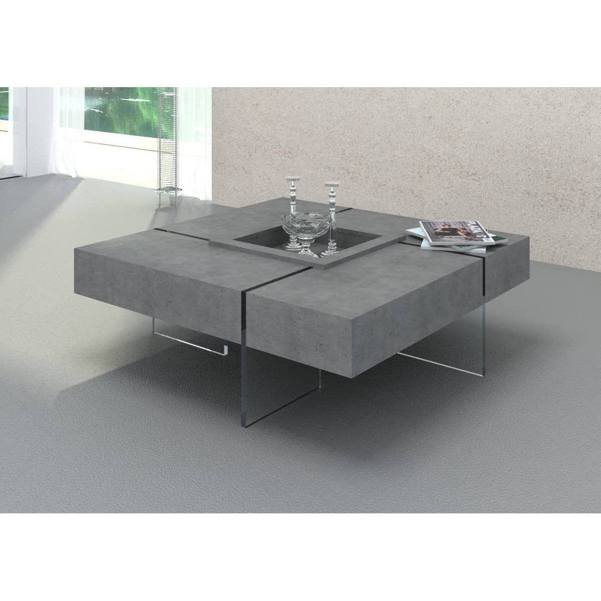 HomeRoots Grey Laminate Wood, Glass Modern Gray Faux Concrete and Glass Floating Coffee Table