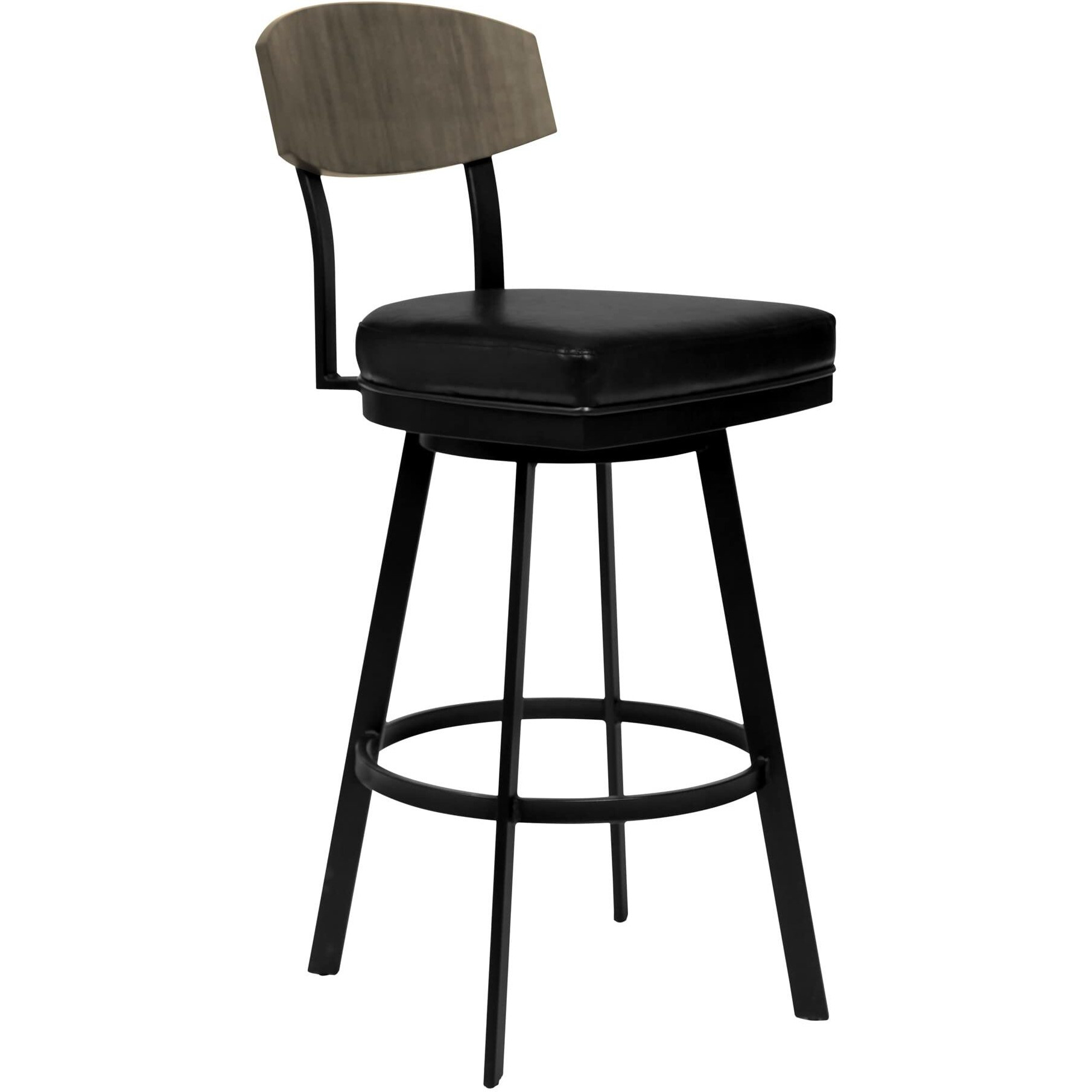 HomeRoots Vintage Black Faux Leather 30" Black Faux Leather Black Metal and Gray Walnut Open Back Swivel Bar Stool