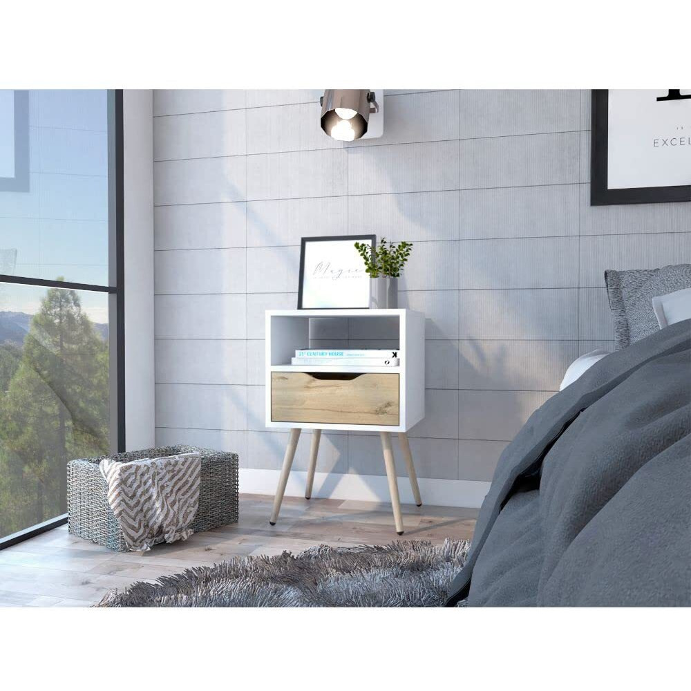 HomeRoots White-Light Oak Modern White and Light Oak Bedroom Nightstand