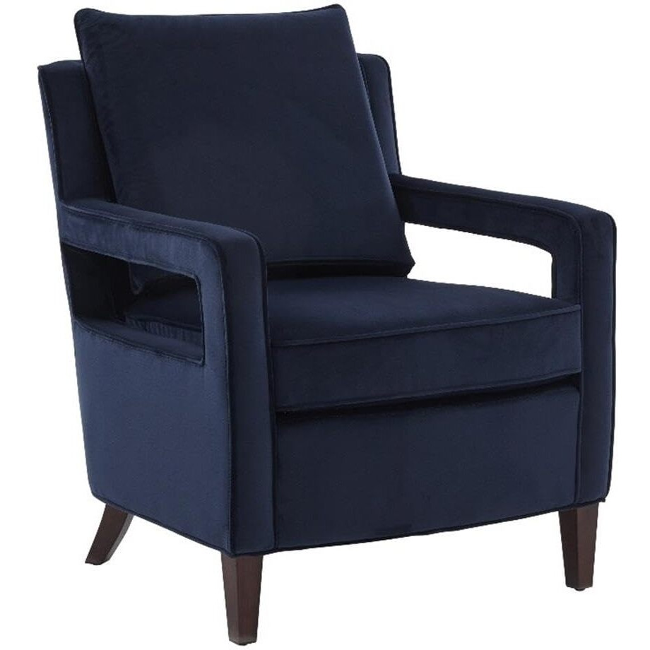 Comfort Pointe Questa Navy Blue Velvet Accent Arm Chair with Open Arms and Brown Legs