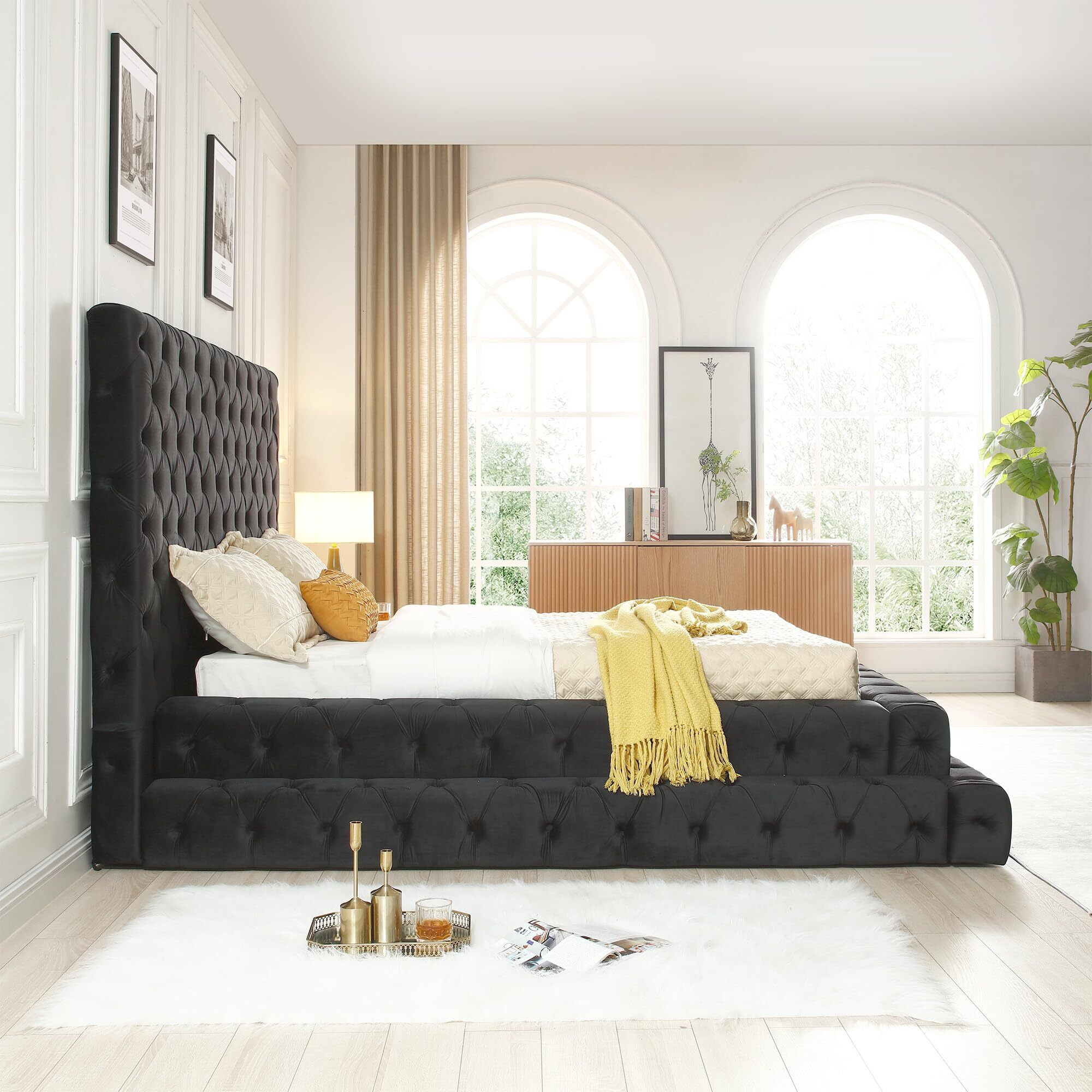 Better Home Products Eleonora Velvet Queen Bed - Luxurious Upholstered Design with Deep Button Tufting in Black (Balck, Queen)