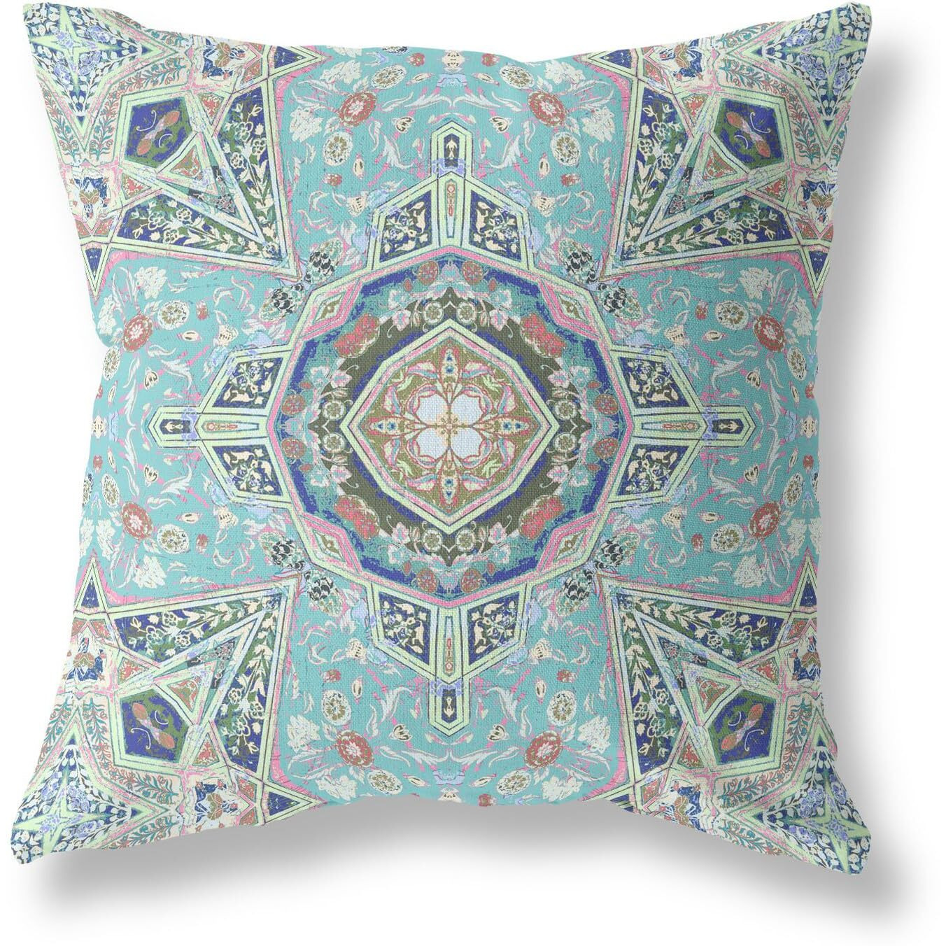 Amrita Sen Buddha Flower Ceremony Broadcloth Indoor Outdoor Zippered Pillow Aqua Brown