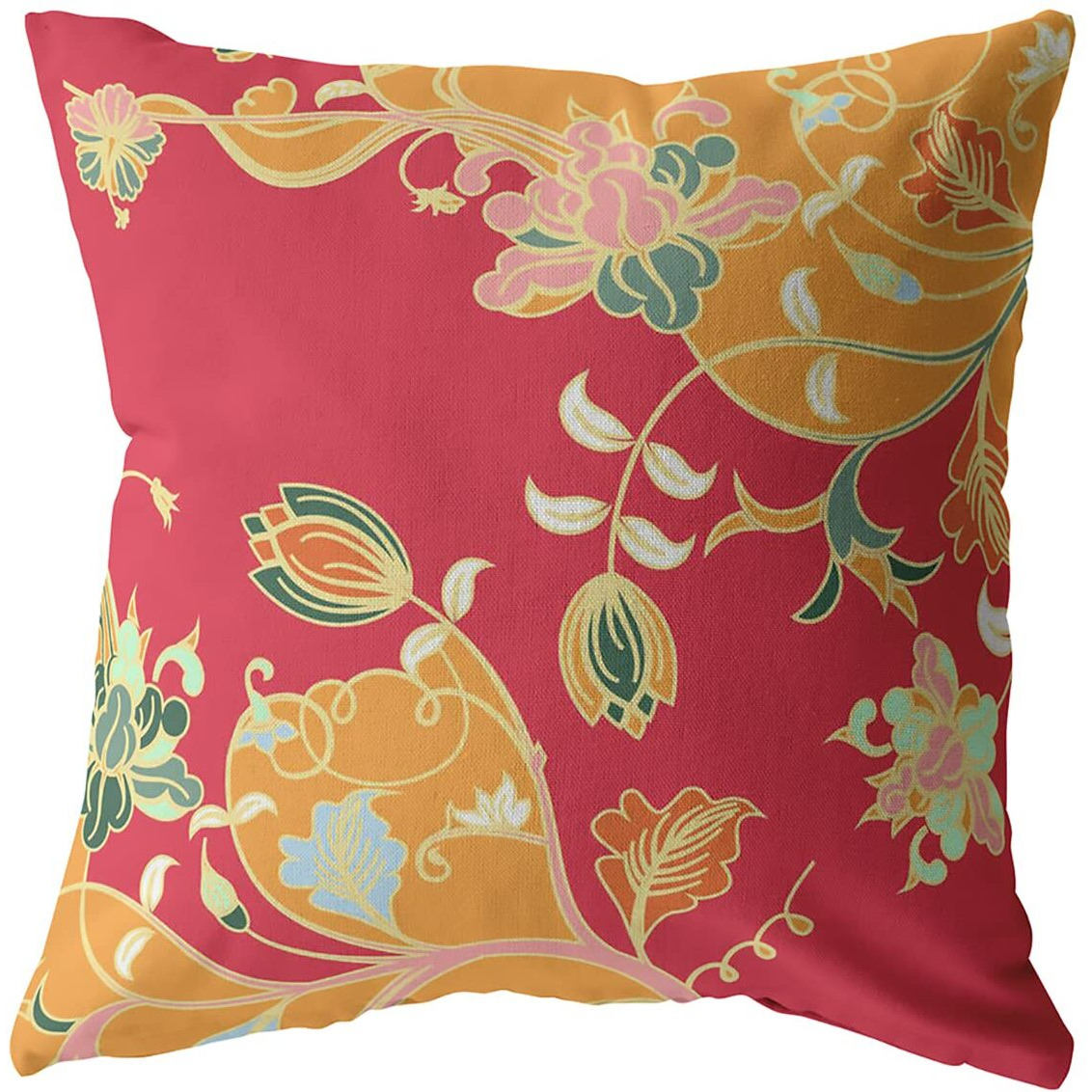 Amrita Sen Carnation Garden Broadcloth Indoor Outdoor Blown and Closed Pillow Yellow on Red