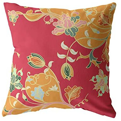 Amrita Sen Carnation Garden Broadcloth Indoor Outdoor Blown and Closed Pillow Yellow on Red