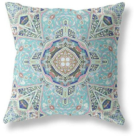 Amrita Sen Buddha Flower Ceremony Broadcloth Indoor Outdoor Zippered Pillow Aqua Brown