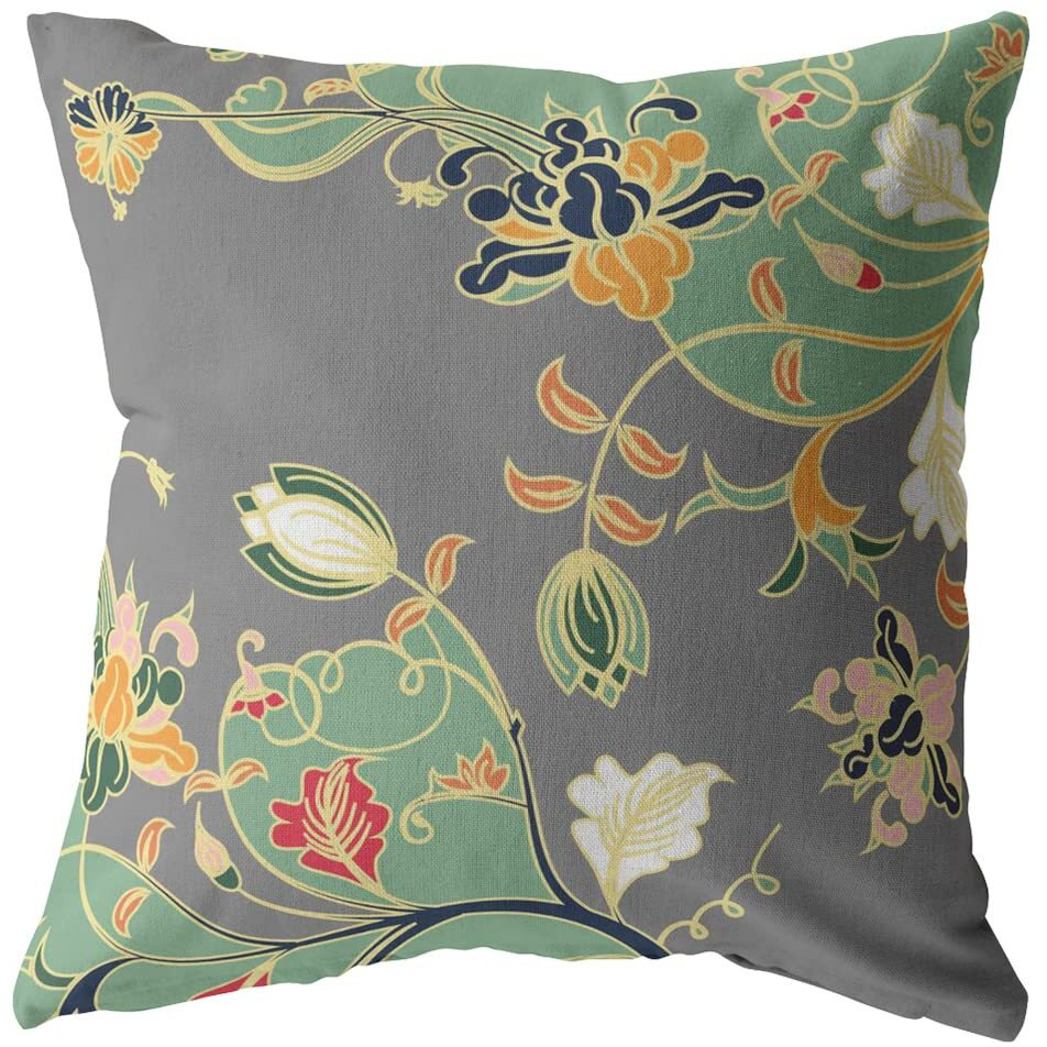 Amrita Sen Carnation Garden Broadcloth Indoor Outdoor Zippered Pillow Orange Green on Gray