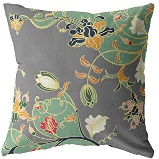 Amrita Sen Carnation Garden Broadcloth Indoor Outdoor Blown and Closed Pillow Orange Green on Gray