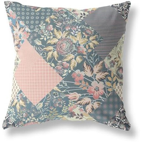 Amrita Sen Arizona Floral Patches Indoor/Outdoor Pillow in Dark Green Peach 16x16