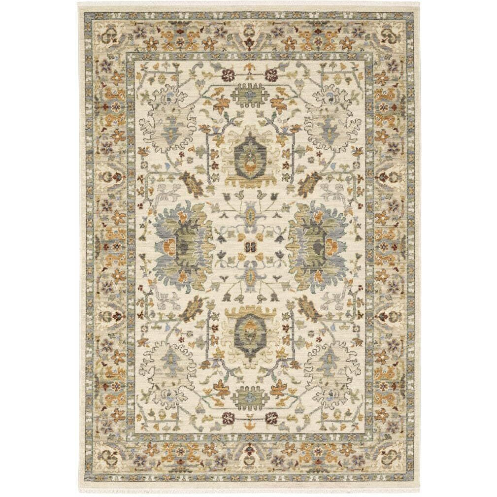 HomeRoots 509301 8 x 11 ft. Ivory Oriental Power Loom Stain Resistant Rectangle Area Rug with Fringe