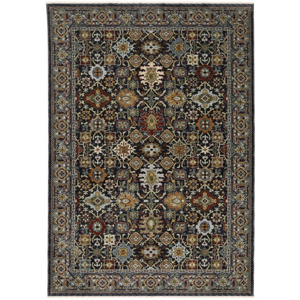 HomeRoots 507992 5 x 8 ft. Blue Red Beige Orange Green & Rust Oriental Power Loom Stain Resistant Rectangle Area Rug with Fringe