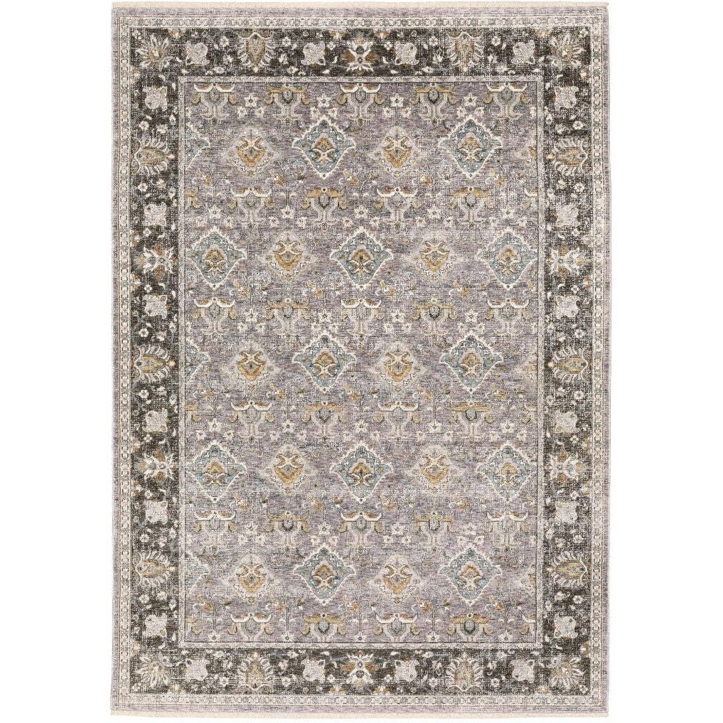 HomeRoots 509431 5 x 8 ft. Gray & Blue Oriental Power Loom Stain Resistant Rectangle Area Rug with Fringe