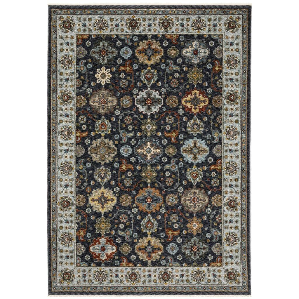 HomeRoots 508007 6 x 9 ft. Blue Red Beige Yellow Gray Rust & Gold Oriental Power Loom Stain Resistant Rectangle Area Rug with Fringe