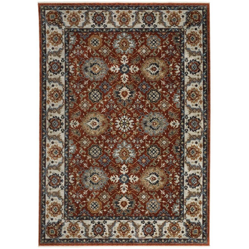 HomeRoots 508019 3 x 5 ft. Red Blue Ivory Gold & Navy Oriental Power Loom Stain Resistant Rectangle Area Rug with Fringe