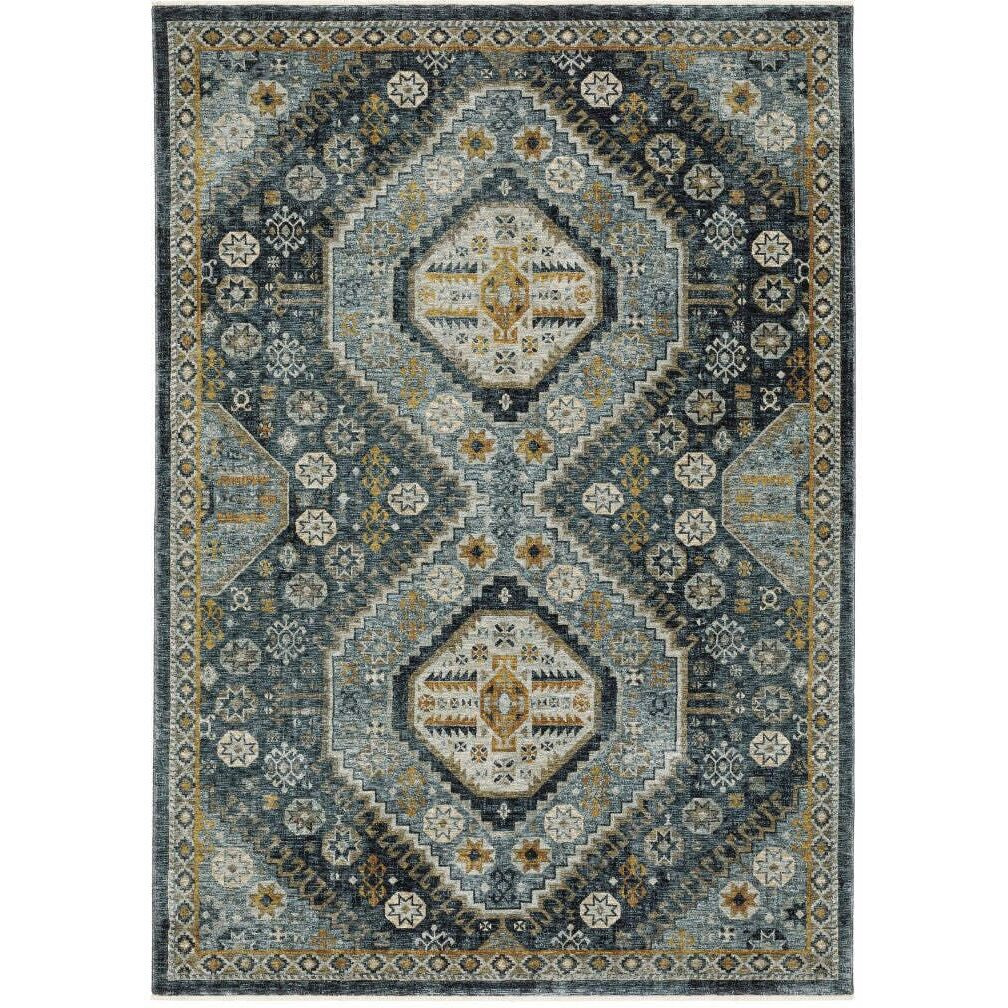 HomeRoots 508090 5 x 8 ft. Blue Gold Ivory & Navy Oriental Power Loom Stain Resistant Rectangle Area Rug with Fringe