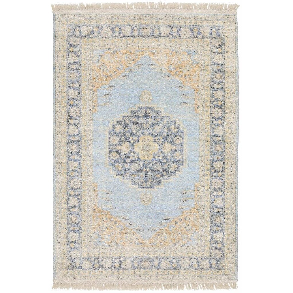 HomeRoots 509476 8 x 10 ft. Blue & Beige Oriental Hand Loomed Stain Resistant Rectangle Area Rug with Fringe