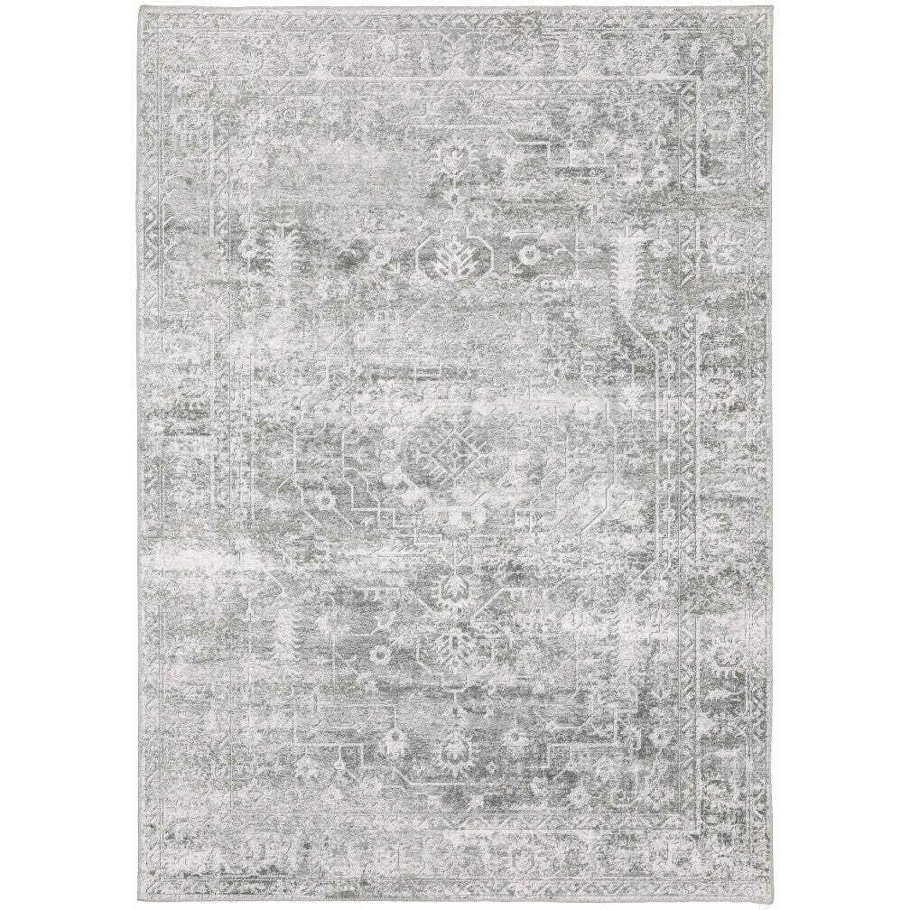 HomeRoots 510659 8 x 10 ft. Sage Green Gray Ivory & Silver Oriental Printed Stain Resistant Non Skid Rectangle Area Rug