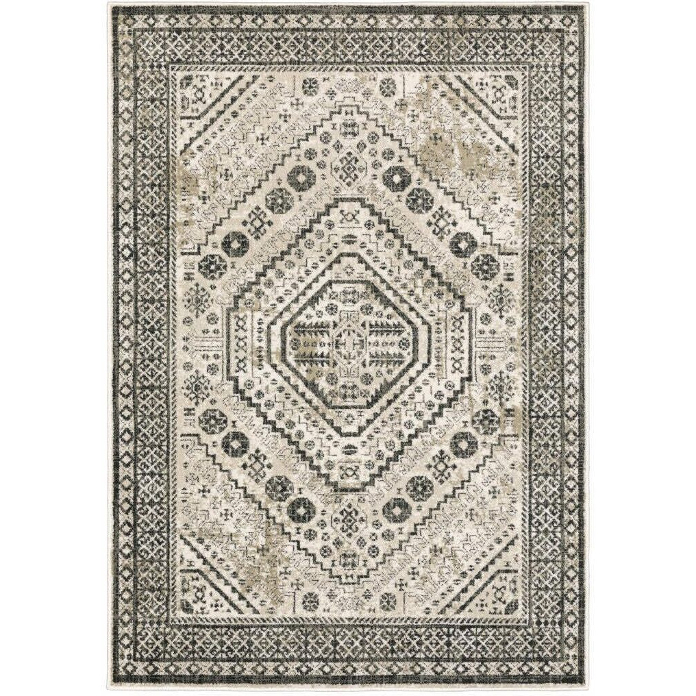 HomeRoots 508984 10 x 13 ft. Ivory Gray Black & Ivory Oriental Power Loom Stain Resistant Rectangle Area Rug