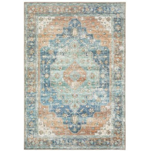 HomeRoots 509523 8 x 10 ft. Orange Blue Teal Green & Beige Oriental Power Loom Stain Resistant Rectangle Area Rug