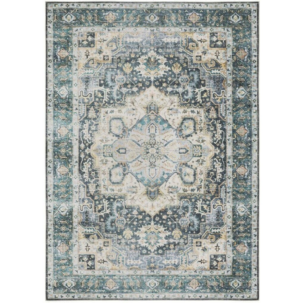 HomeRoots 510365 7 x 10 ft. Blue Ivory Teal Brown & Gold Oriental Printed Stain Resistant Non Skid Rectangle Area Rug