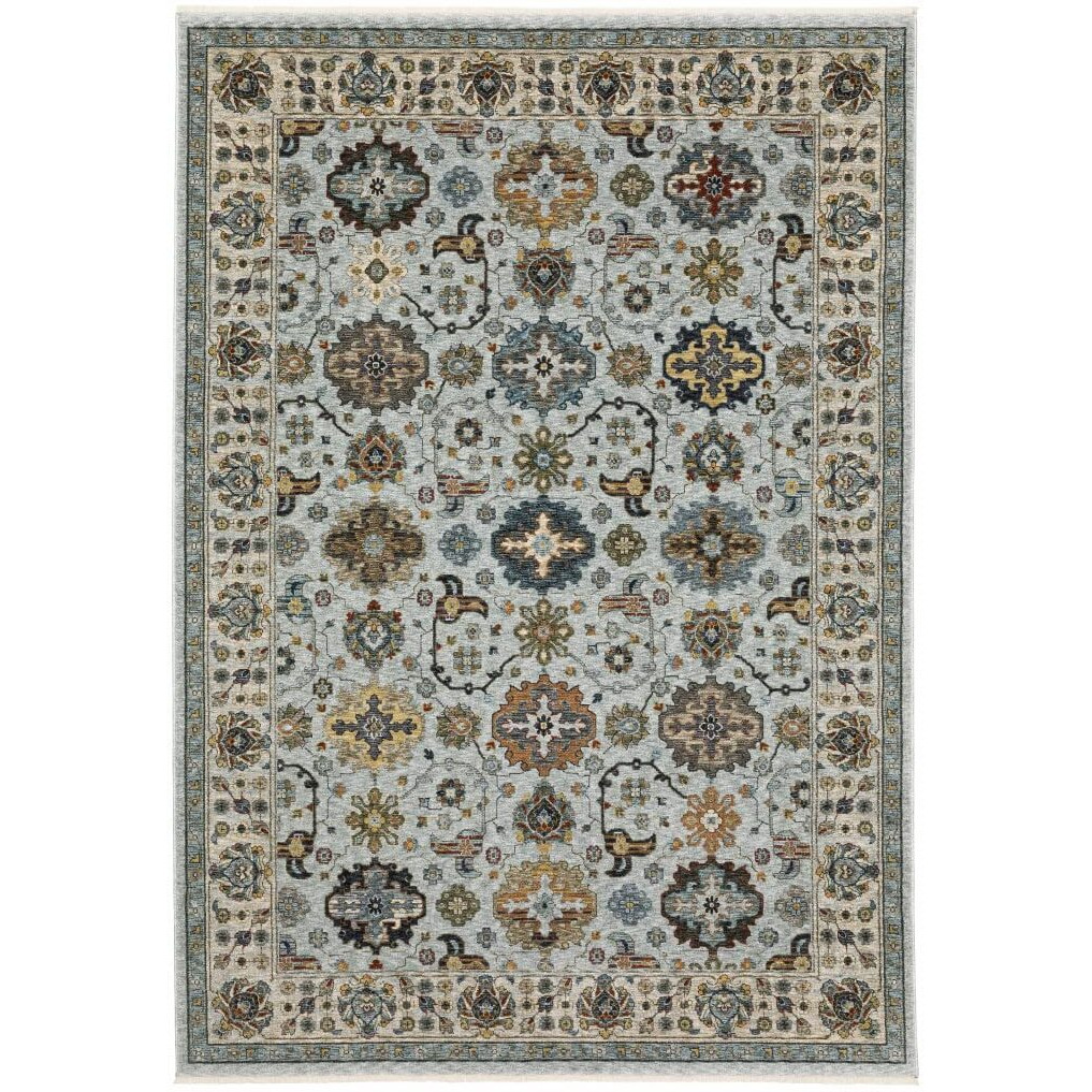 HomeRoots 508016 10 x 13 ft. Blue Beige Gray Green Yellow & Rust Oriental Power Loom Stain Resistant Rectangle Area Rug with Fringe