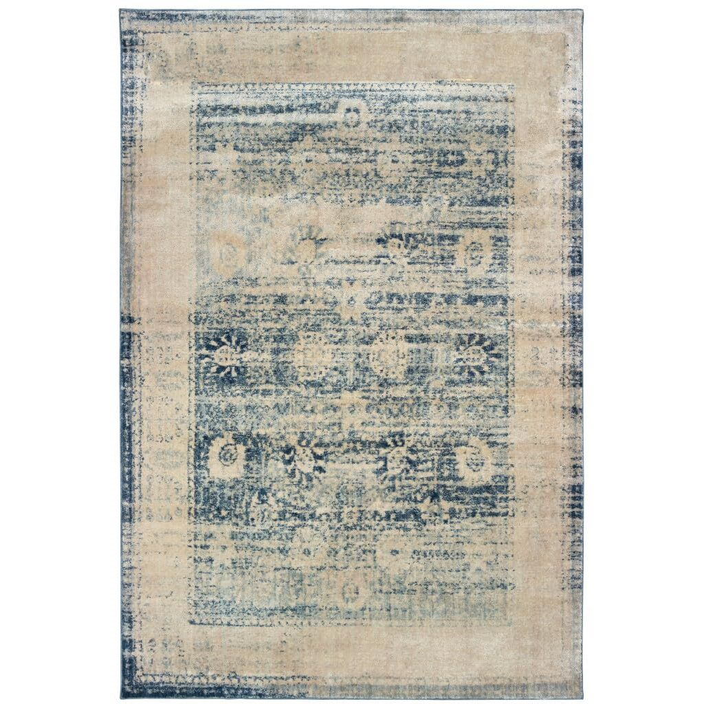 HomeRoots 509654 10 x 13 ft. Ivory & Blue Oriental Power Loom Stain Resistant Rectangle Area Rug