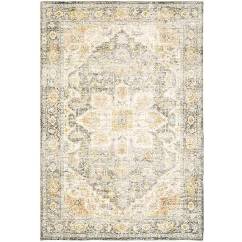 HomeRoots 509669 8 x 10 ft. Gray Gold Orange & Ivory Oriental Power Loom Stain Resistant Rectangle Area Rug