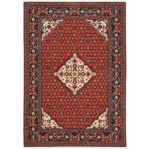 HomeRoots 509217 5 x 8 ft. Red Blue Ivory & Orange Oriental Power Loom Stain Resistant Rectangle Area Rug with Fringe