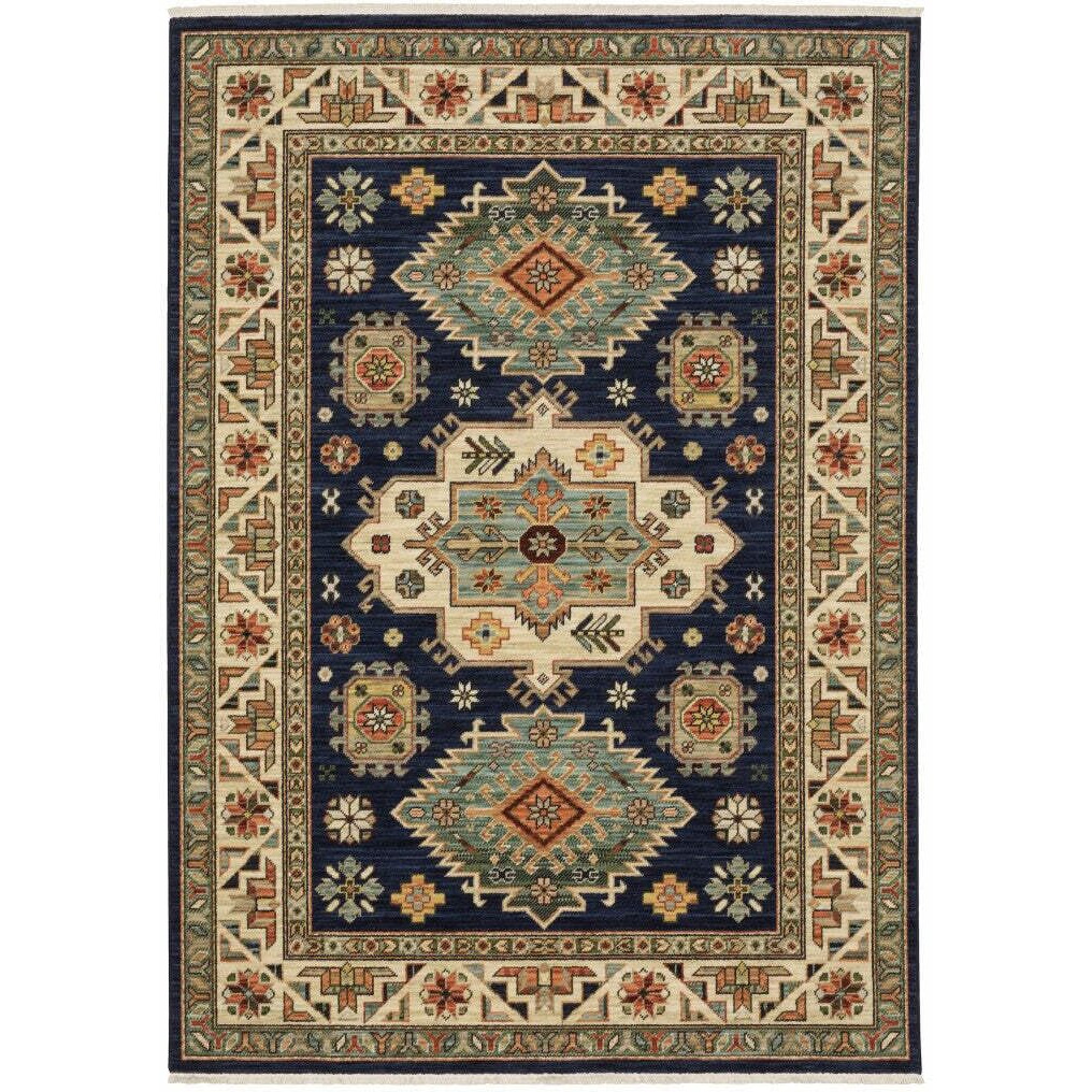 HomeRoots 509237 6 x 9 ft. Navy Charcoal Orange Rust Gold Pale Blue Olive Beige & Salmon Oriental Power Loom Stain Resistant Rectangle Area Rug with Fringe