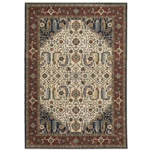 HomeRoots 508033 3 x 5 ft. Ivory Beige Red Blue Gold Green & Navy Oriental Power Loom Stain Resistant Rectangle Area Rug with Fringe