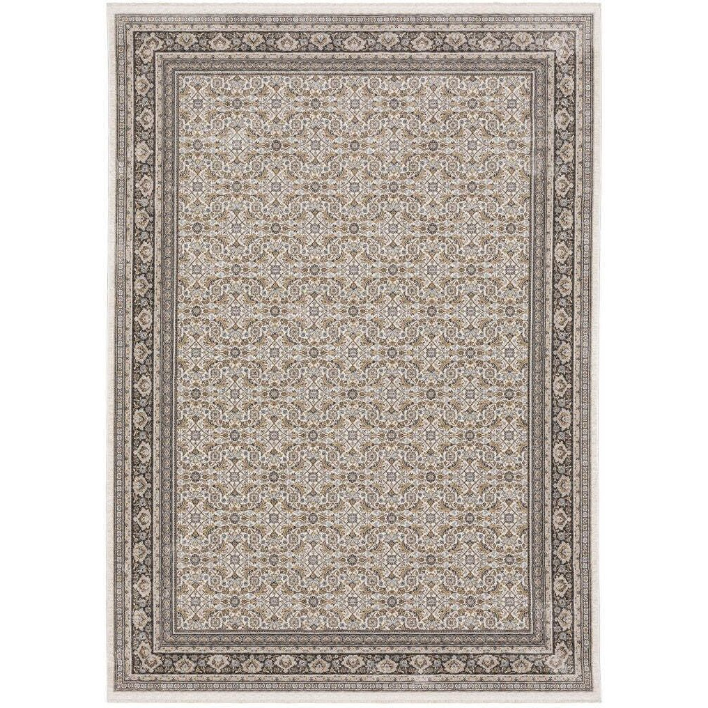 HomeRoots 509406 8 x 11 ft. Ivory & Gray Oriental Power Loom Stain Resistant Rectangle Area Rug with Fringe