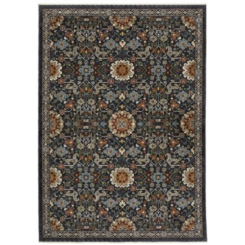 HomeRoots 507971 5 x 8 ft. Blue Red Ivory & Gold Oriental Power Loom Stain Resistant Rectangle Area Rug with Fringe