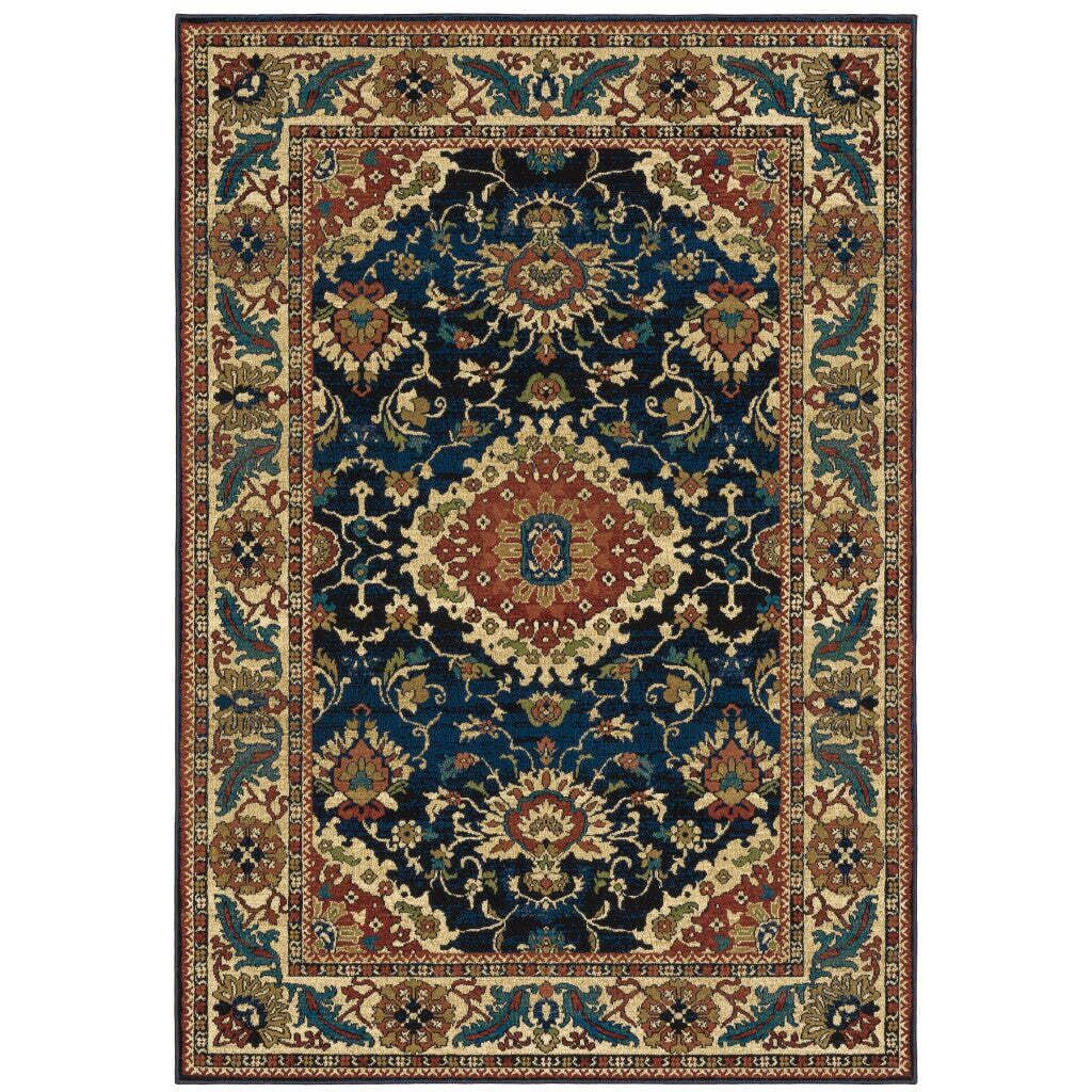 HomeRoots 508244 10 x 13 ft. Blue Red & Beige Oriental Power Loom Stain Resistant Rectangle Area Rug