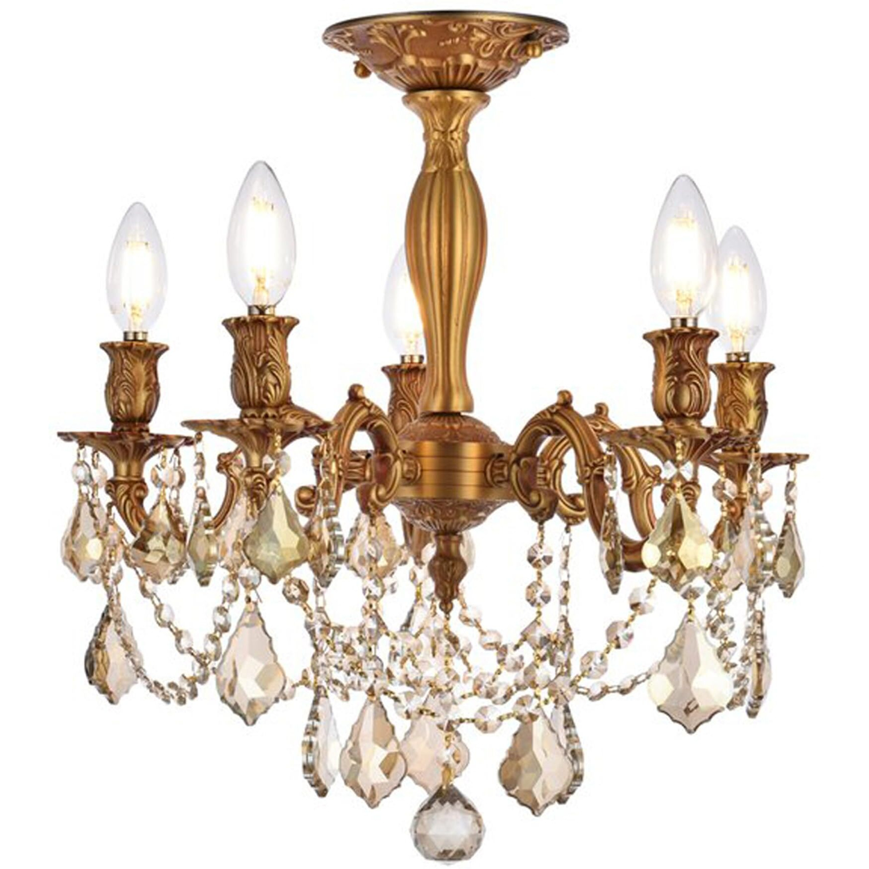 Elegant Lighting 9205F18FG-GT/RC Royal Cut Smoky Golden Teak Crystal Rosalia 5-Light, Single-Tier Semi-Flush Crystal Chandelier, Finished in French Gold with Smoky Golden Teak Crystals