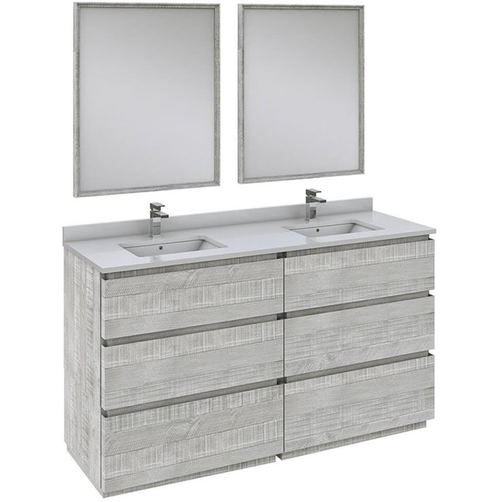 Fresca FVN31-3030ASH-FC Formosa 60" Floor Standing Double Sink Modern Bathroom Vanity with Mirrors in Sage Gray, Ideal for Keeping a Family Organized, 6 Soft Closing Dovetail Drawers