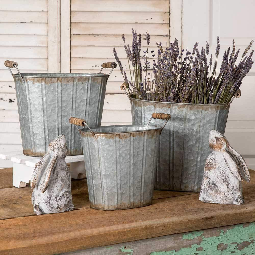 Colonial Tin Works Rustic Farmhouse Decor Tapered Oval Pails with Wood Handles Set of 3., Grey