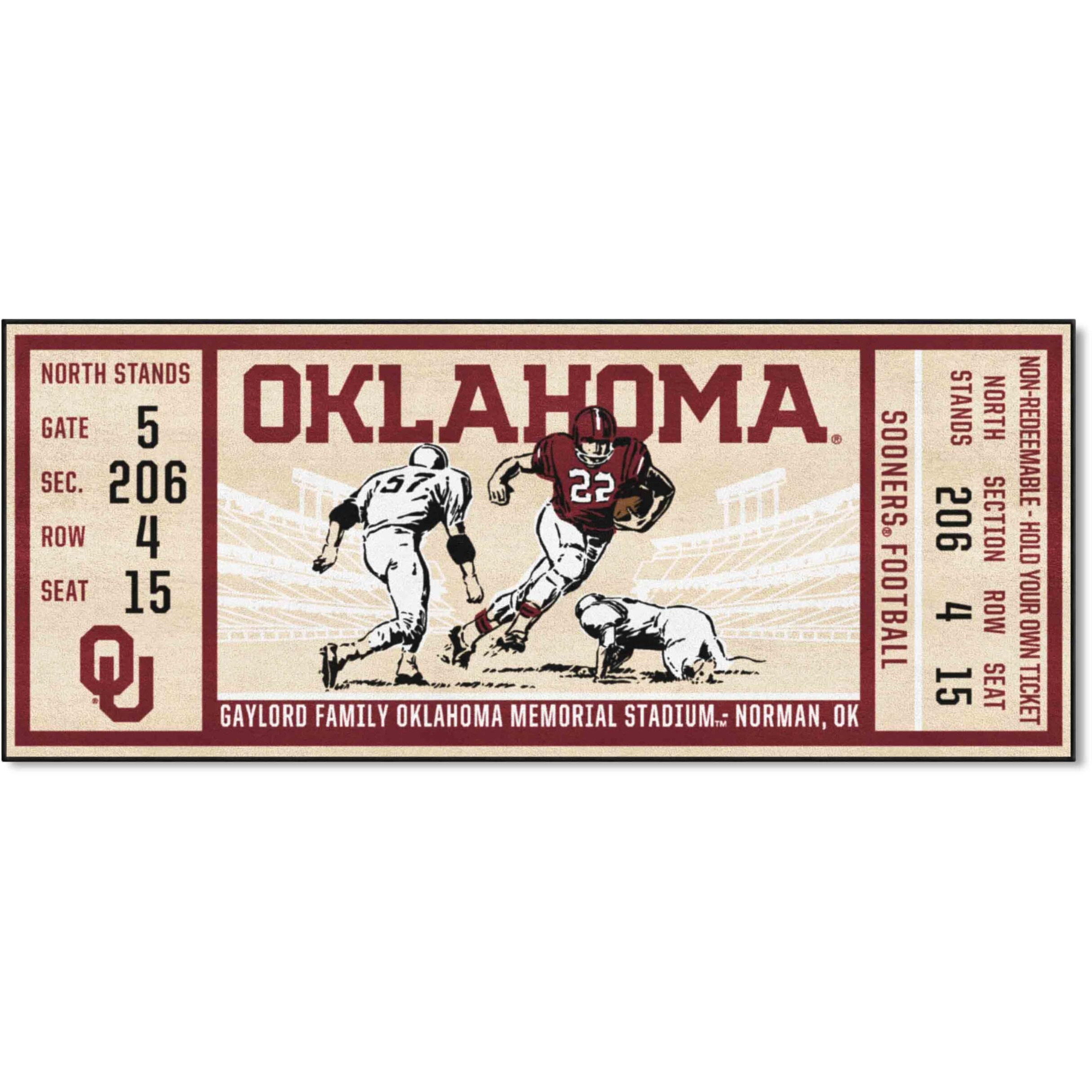 FANMATS 23143 NCAA - Oklahoma Sooners Ticket Design Runner Rug - 30in. x 72in. | Sports Fan Area Rug, Home Decor Rug and Tailgating Mat