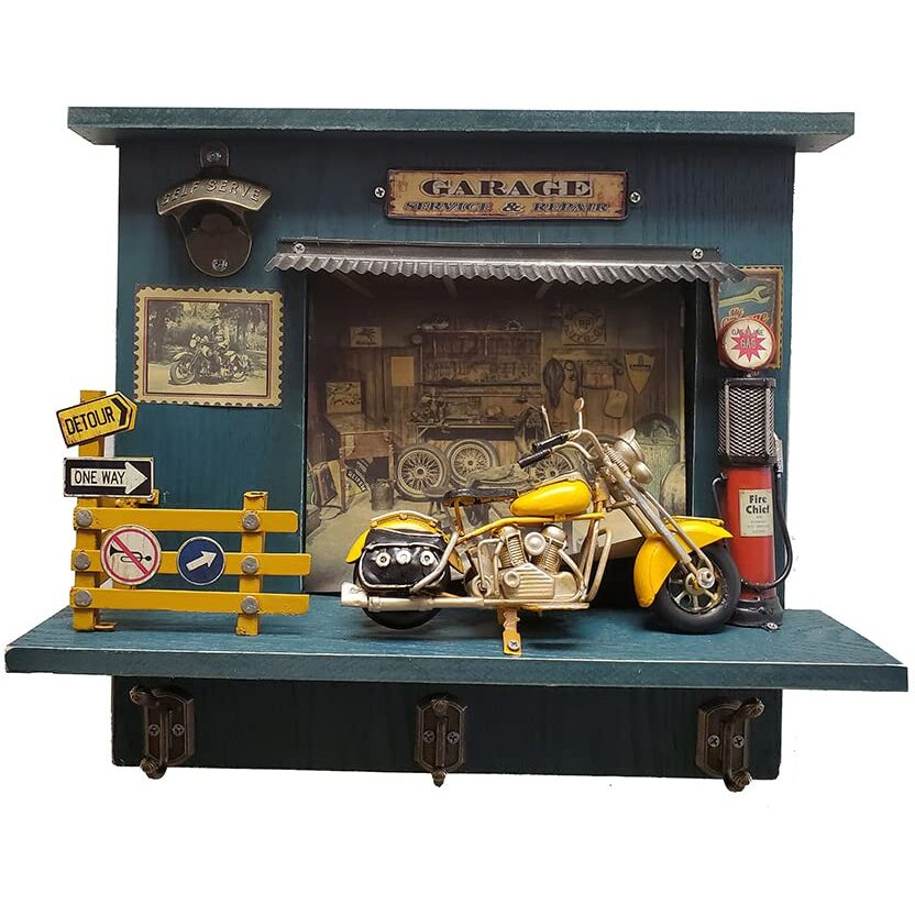 Old Modern Handicrafts Vintage Harley Motorcycle Shadow Box - with Key Chain Hooks & Bottle Opener - A for Motorcycle Enthusiasts - 16.5" L x 4.5" W x 15" H Inches.