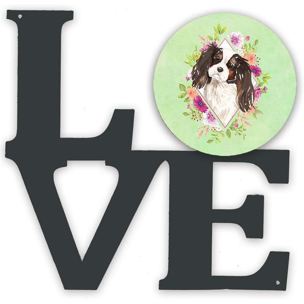 Caroline's Treasures CK4366WALV Tricolor Cavalier Spaniel Green Flowers Metal Wall Artwork LOVE Indoor Outdoor Art Decor Patio, Bathroom, Kitchen Colorful Aluminum and Black Steel Sculpture