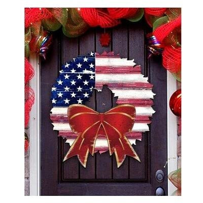 8185302 American Flag Wreath Wooden Ornament Set of 2