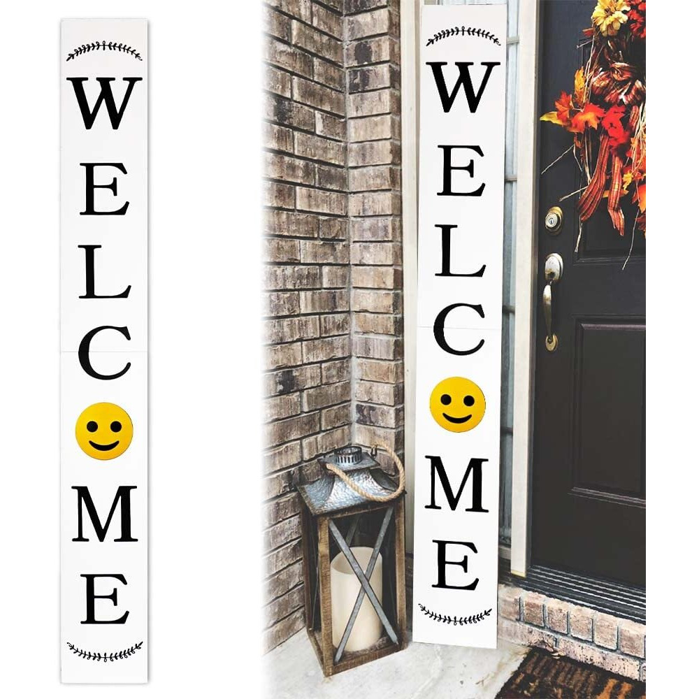 Tall Outdoor Smiley White Modern Farmhouse Welcome Sign for Front Door, 6ft White Welcome Sign,Rustic Tall Welcome Sign for Front Porch Decor, Welcome Porch Sign Wood Vertical Dcor