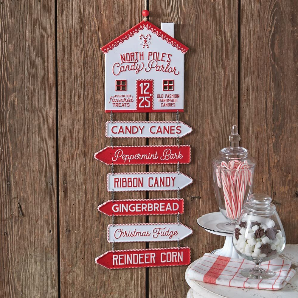 CTW Home Collection North Pole Candy Parlor Directional Hanging Decorative Sign, 25-inch Height, Holiday Season Decoration