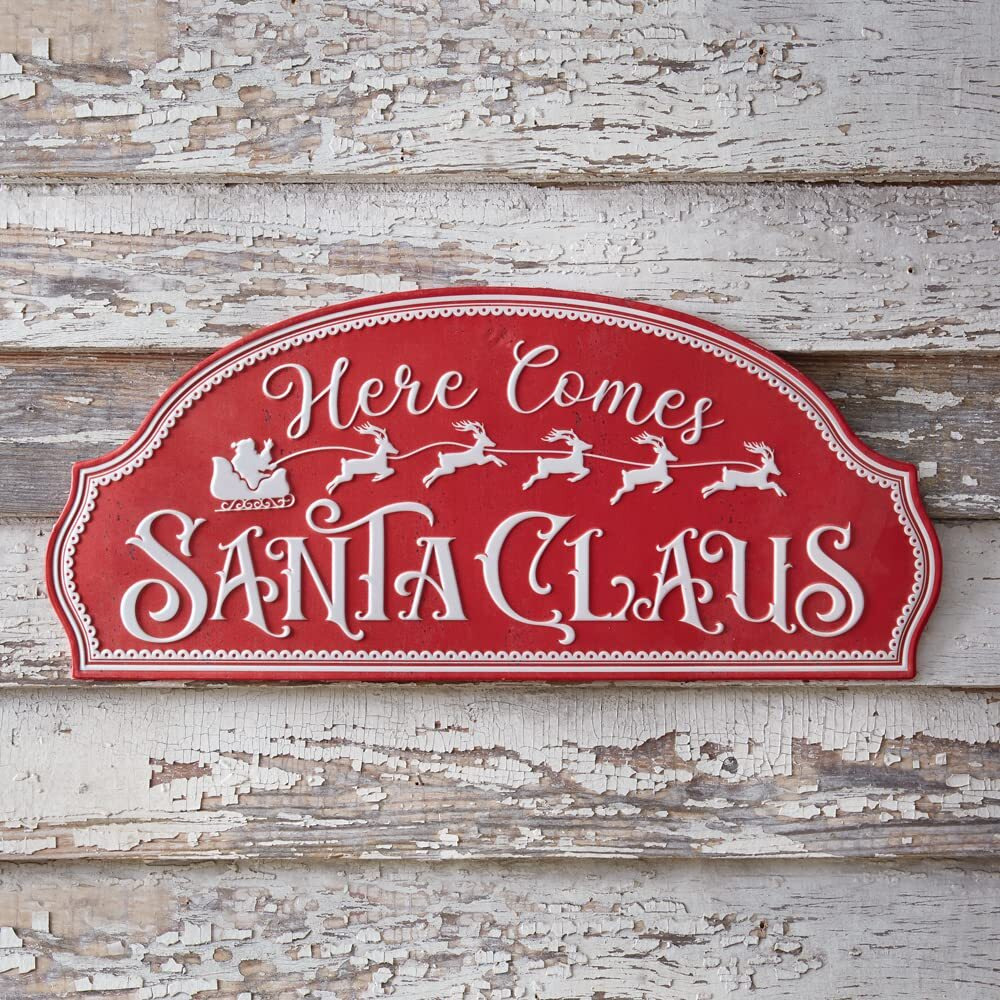 CTW Home Collection Metal Christmas Here Comes Santa Claus Sign, 24-inch Width, Holiday Season Decoration