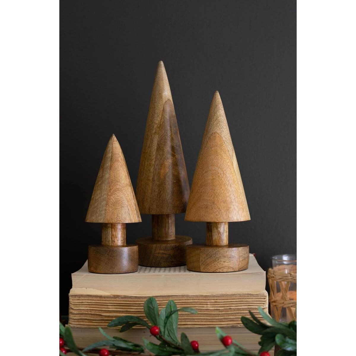 KALALOU Set of Three Turned Wooden Christmas Trees