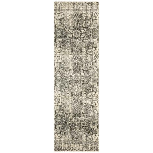 Bed Bath & Beyond 2' X 8' Grey Ivory and Brown Oriental Power Loom Stain Resistant Runner Rug