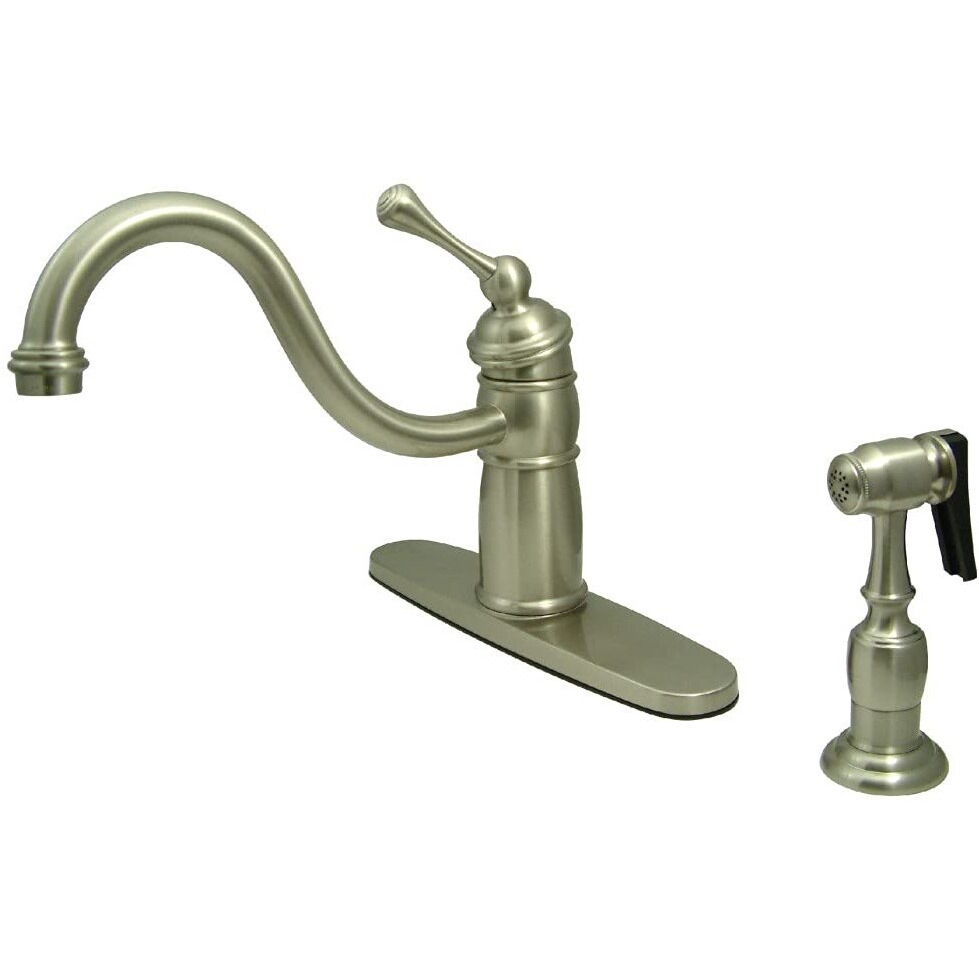 Kingston Brass KB1578BLBS Victorian Mono Deck Mount Kitchen Faucet with BL Handle and Brass Sprayer, 9-1/8-Inch, Brushed Nickel