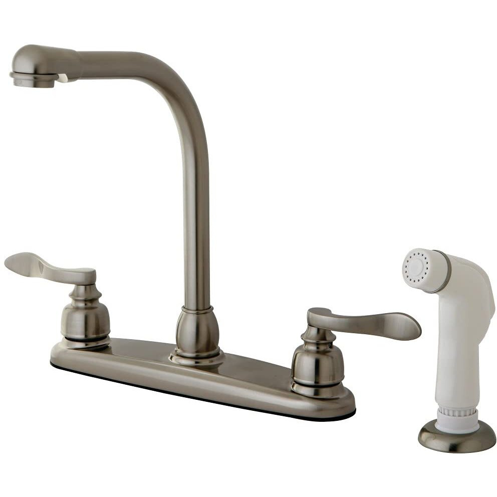 Kingston Brass KB8758NFL NuWave French 8" High Arch Kitchen Faucet with Twin Handle and White Sprayer, Brushed Nickel