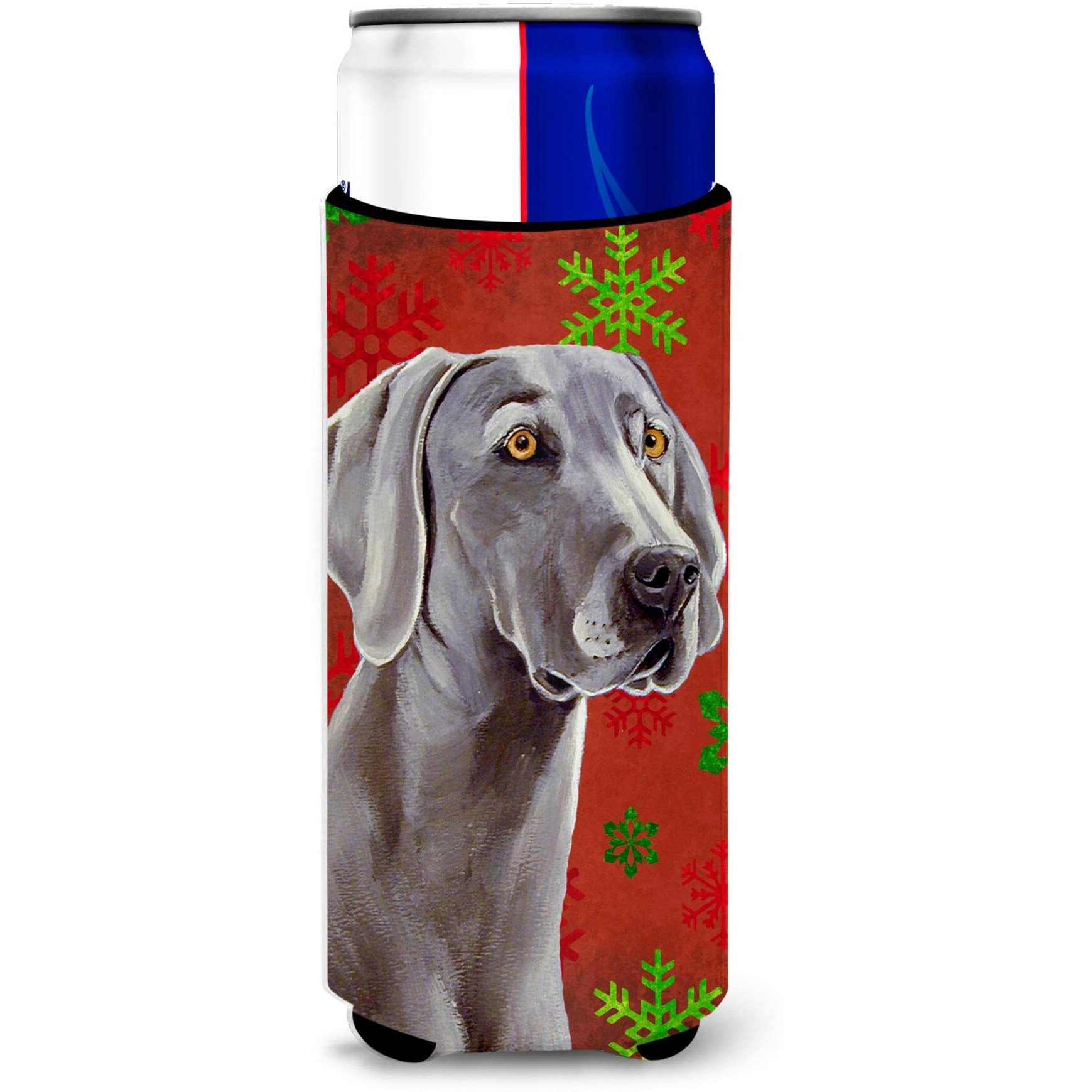 Caroline's Treasures LH9341MUK Weimaraner Red and Green Snowflakes Holiday Christmas Ultra Hugger for slim cans Can Cooler Sleeve Hugger Machine Washable Drink Sleeve Hugger Collapsible Insulator Beve