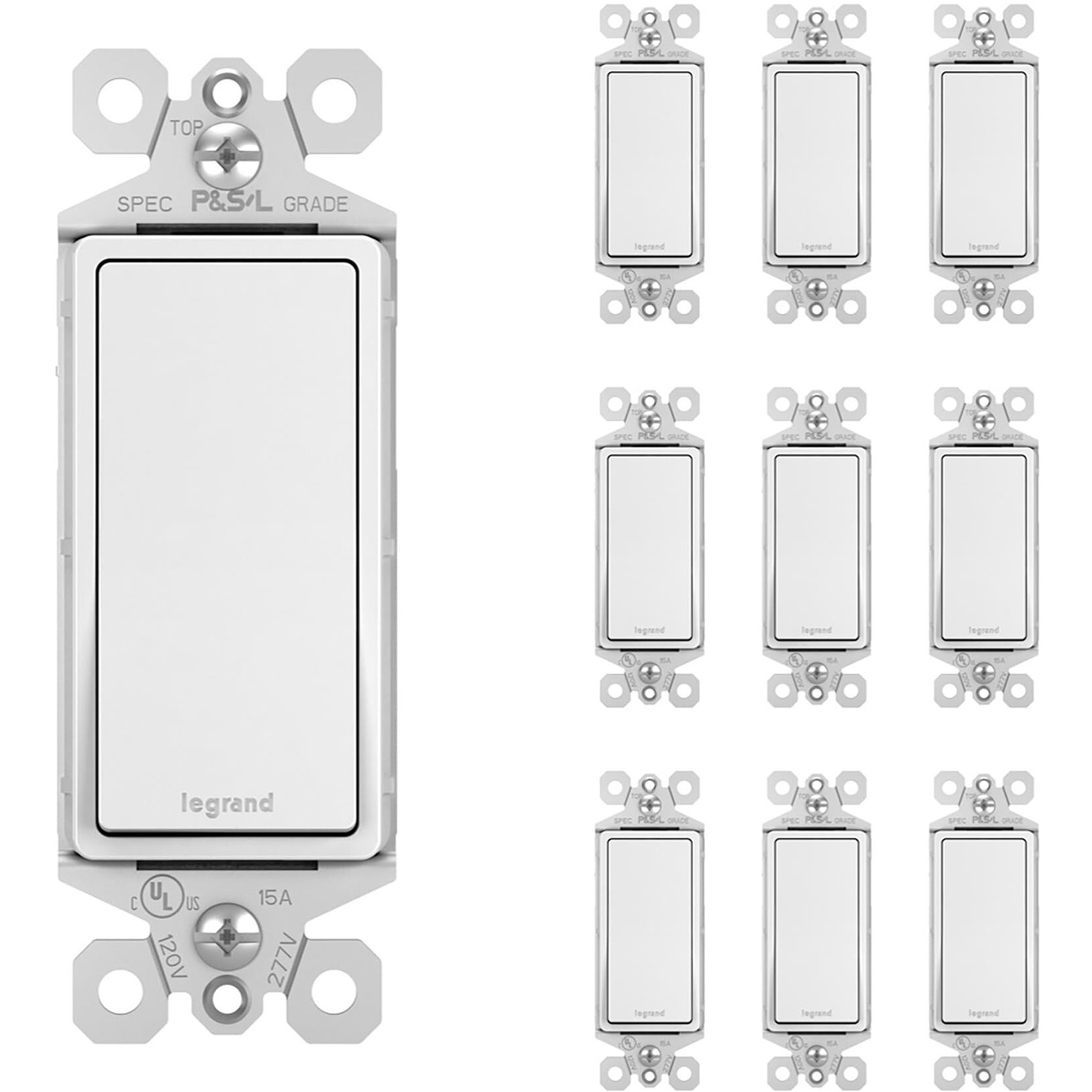 Legrand radiant TM870WCP6 15 Amp Rocker Wall Switch, Single Pole Decorator Light Switches, White (10 Pack)