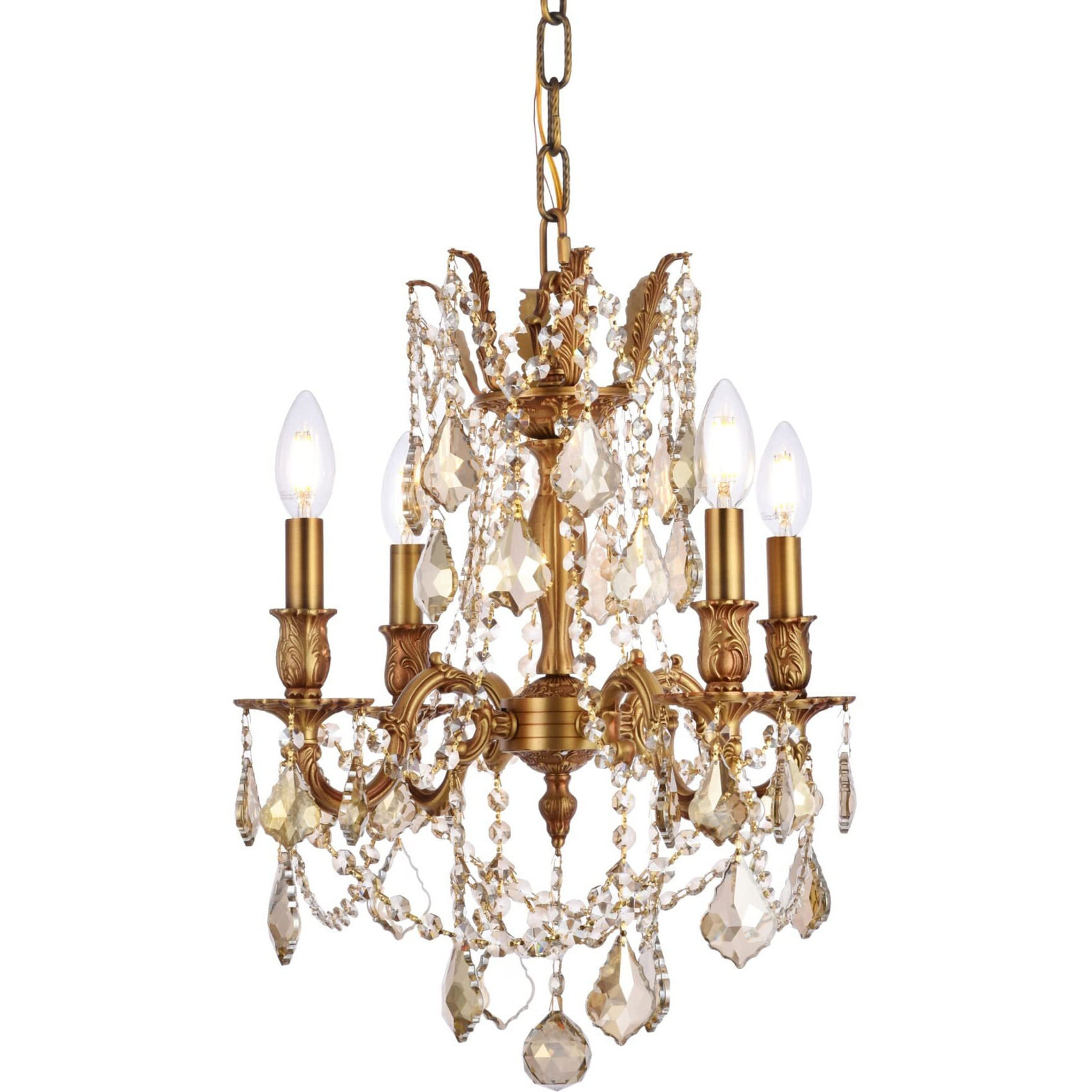 Elegant Lighting 9204D17FG-GT/RC Royal Cut Smoky Golden Teak Crystal Rosalia 4-Light, Single-Tier Crystal Chandelier, 17" x 21", Finished in French Gold with Smoky Golden Teak Crystals